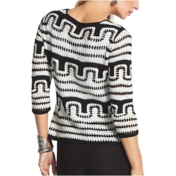 Chico's Cotton Knit Sweater Black White Crochet Sz 2 (M) Pullover 3/4 Sleeve Top - Picture 2 of 9
